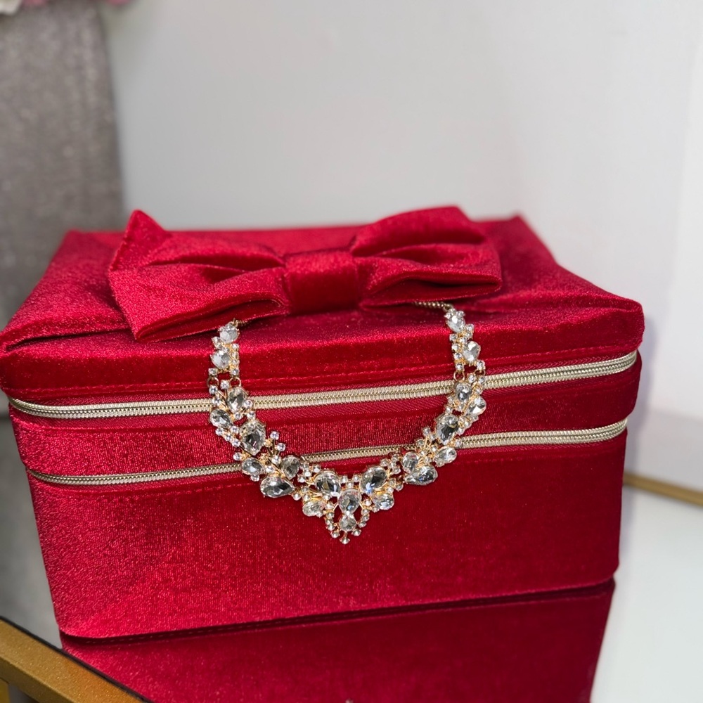 Estee Lauder Red Velvet Case with Rhinestone Necklace
